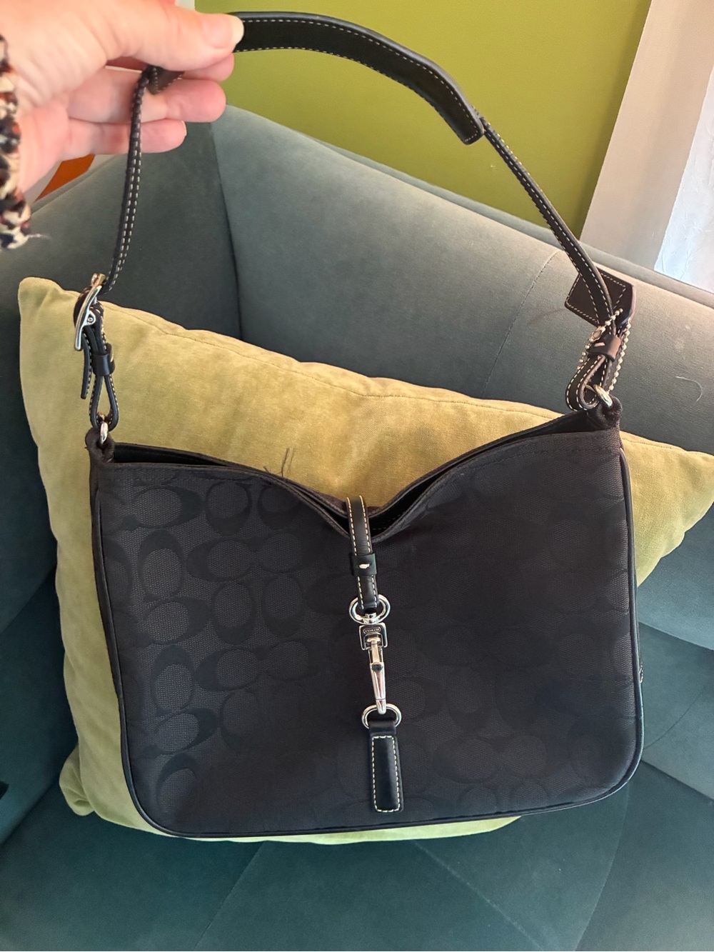 Coach Black Signature Canvas Shoulder Bag with Silver Hardware